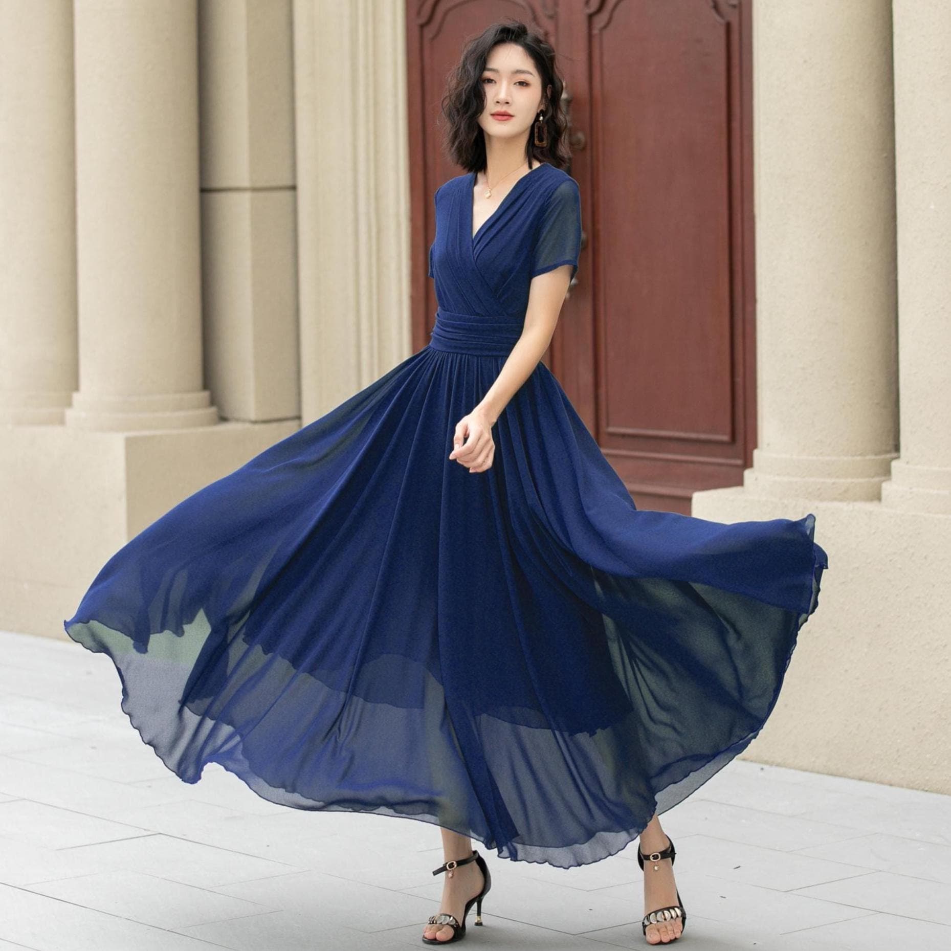 French Navy Soft Flowing Dresses Navy Blue Chiffon Dress, Women Summer Maxi Swing Dress, Elegant Flowy French Navy Soft Flowing Dresses Navy Blue Chiffon Dress, Women Summer Maxi Swing Dress, Elegant Flowy
