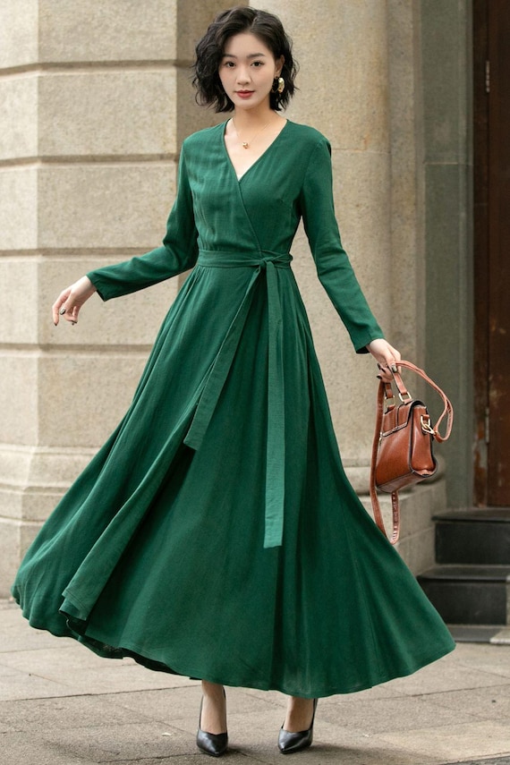 Fall Winter Dark Green Wrap Linen Maxi Dress for Women, Long Sleeve Linen  Dress With Pockets, Custom Swing Belted Linen Dress, Xiaolizi 5673 - Etsy