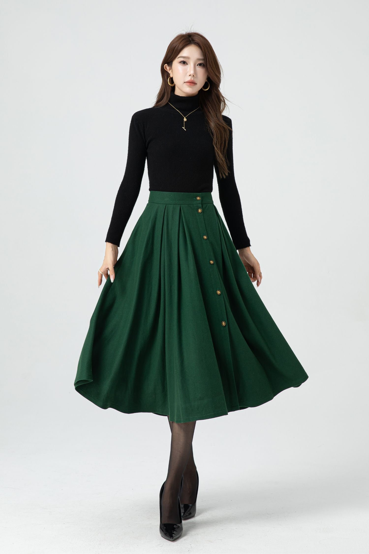 HOLIDAY ホリデイ / HIGH WAIST WORK SKIRT Womens Midi Green Wool Skirt, Winter Skirt, Button Down