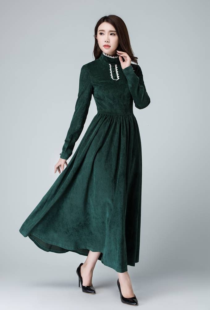 Green dress corduroy dress maxi dress winter dress | Etsy