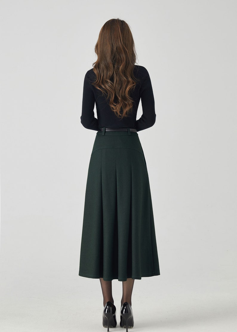 Midi Wool Skirt, Pleated Wool Skirt, Dark Green Skirt with Pockets, Womens Swing Skirt, Autumn Winter Skirt, Custom Skirt, Xiaolizi 4532 image 5