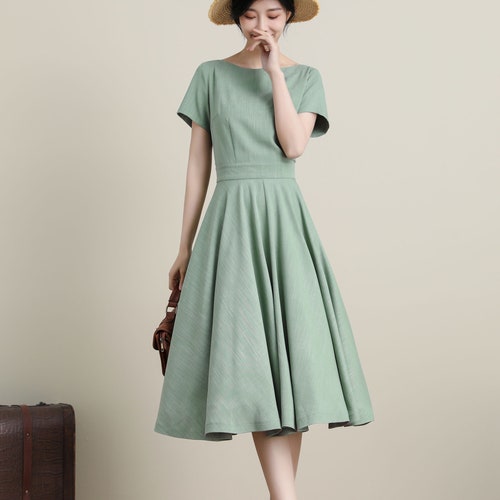 Green Swing Midi Dress Vintage 1950s Short Sleeve Dress With - Etsy