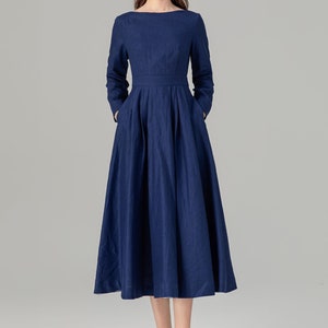 Leinenkleid, Midi Leinenkleid, Leinenkleid für Frauen, Frühlings und Sommerkleid, Swing-Kleid, Blaues Leinenkleid, Kleid nach Maß, Xiaolizi 4925 Bild 3