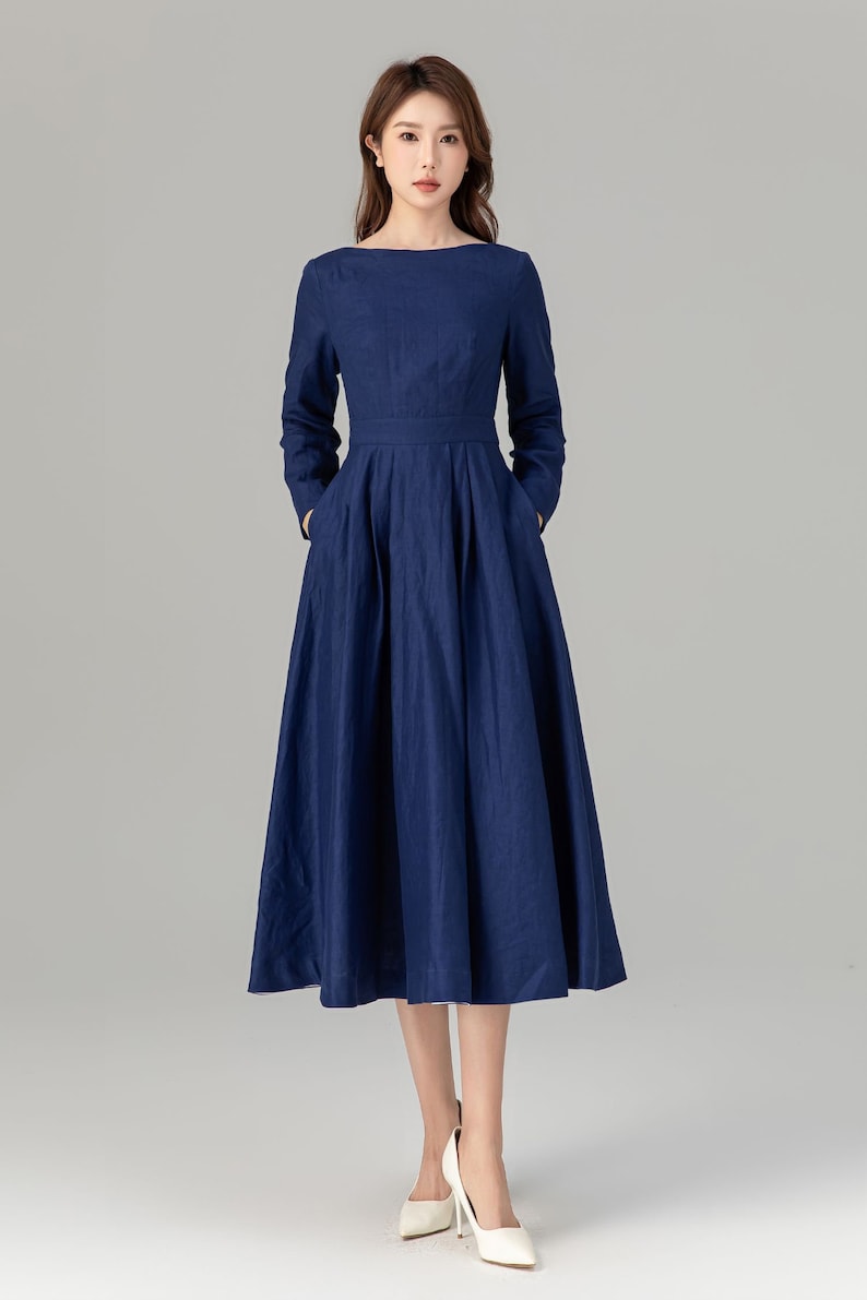 Leinenkleid, Midi Leinenkleid, Leinenkleid für Frauen, Frühlings und Sommerkleid, Swing-Kleid, Blaues Leinenkleid, Kleid nach Maß, Xiaolizi 4925 Bild 3