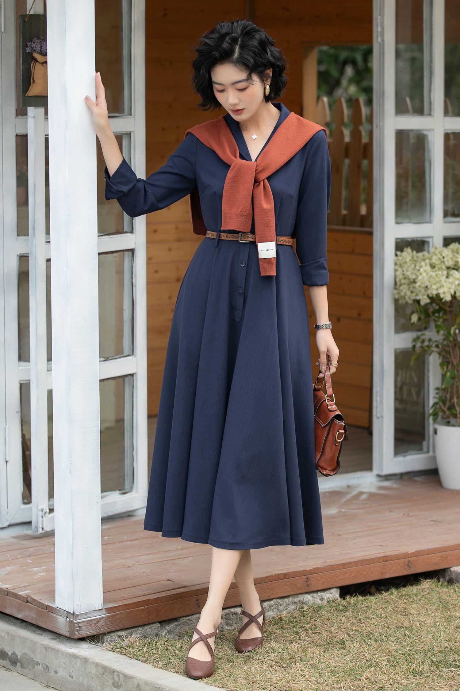 Navy Linen Shirt Dress – Vintage A-Line Midi