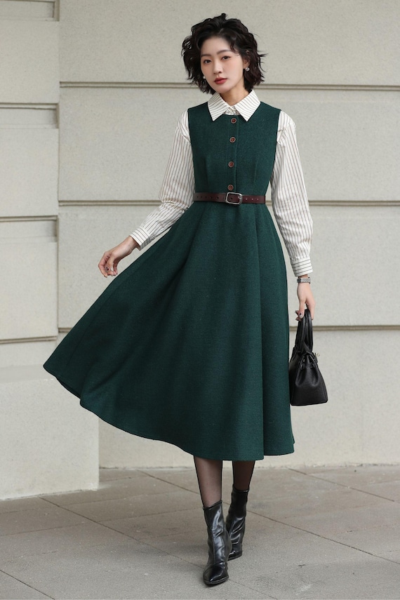 Dark Green Wool Midi Dress  Sleeveless V-Neck A-Line Winter Dress | Xiaolizi Green / Xs
