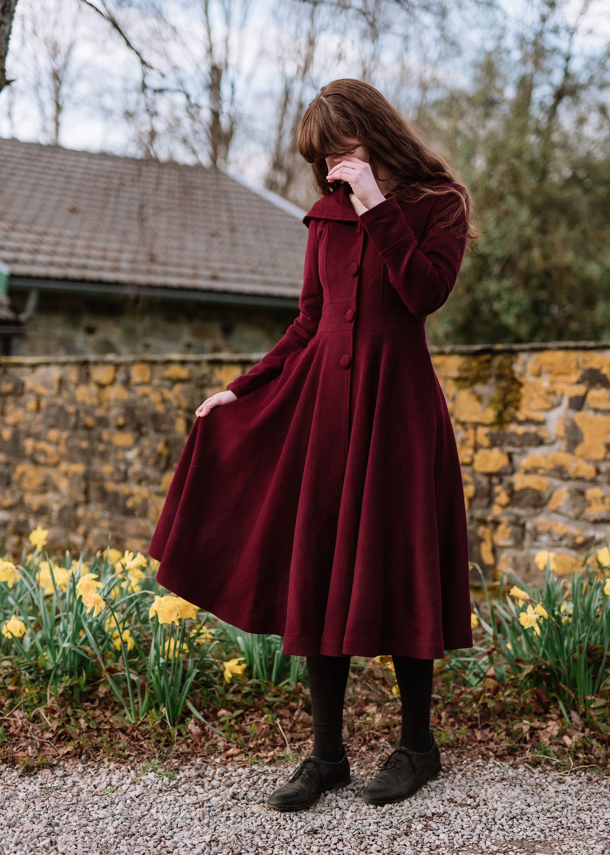 Burgundy Wool Coat Hooded Wool Coat Single Breasted Wool Coat