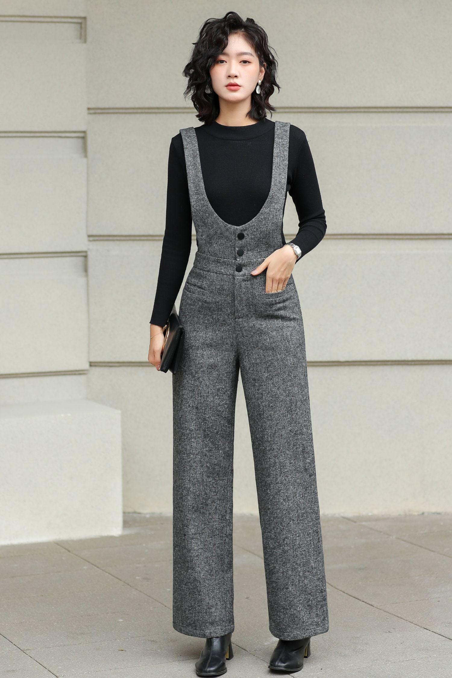 Gray Suspender Wool Pants Women, Autumn Winter Straight-leg