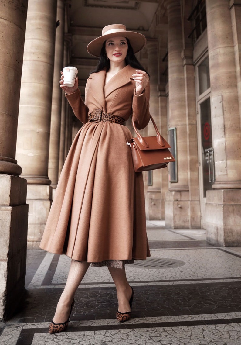 Wool Princess coat, Dress Coat, 1950s Vintage inspired Swing coat, Long wool coat women, winter coat women, fit and flare coat 1640 Brown