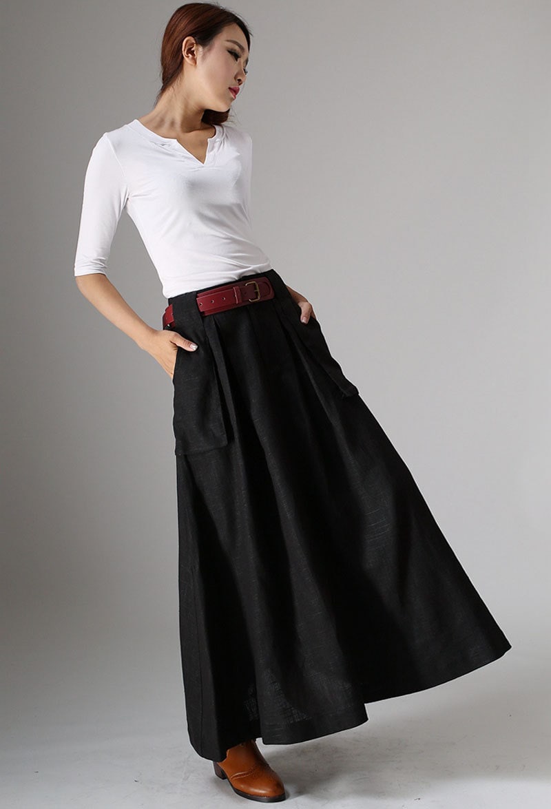 Long Black A Line Skirt Pockets Skirts Linen Skirt Womens | Etsy UK