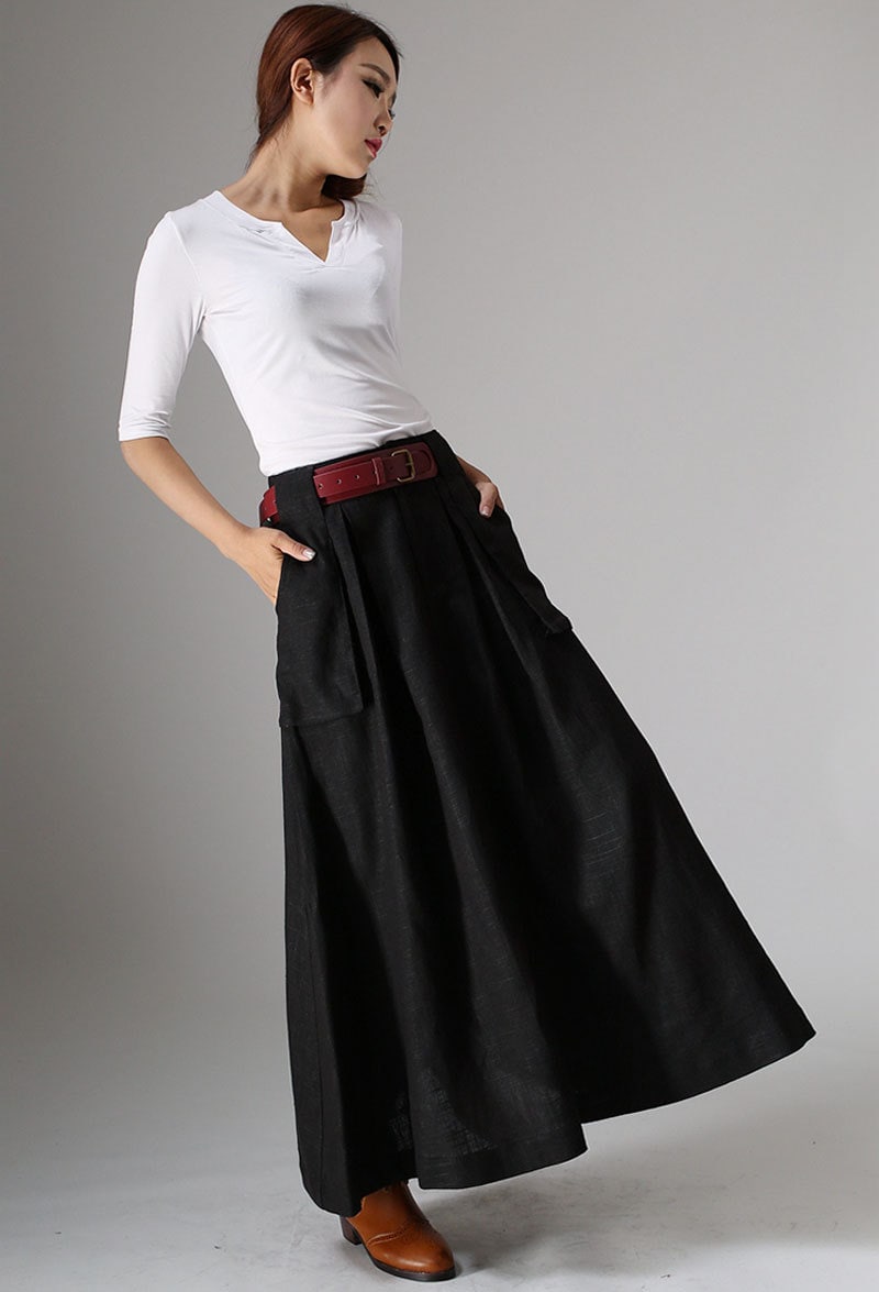 Long Black A Line Skirt Pockets Skirts Linen Skirt Womens Etsy UK
