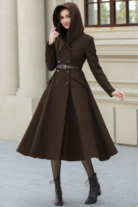 Wool Hooded Midi Coat: Vintage Double-breasted Winter Overcoat