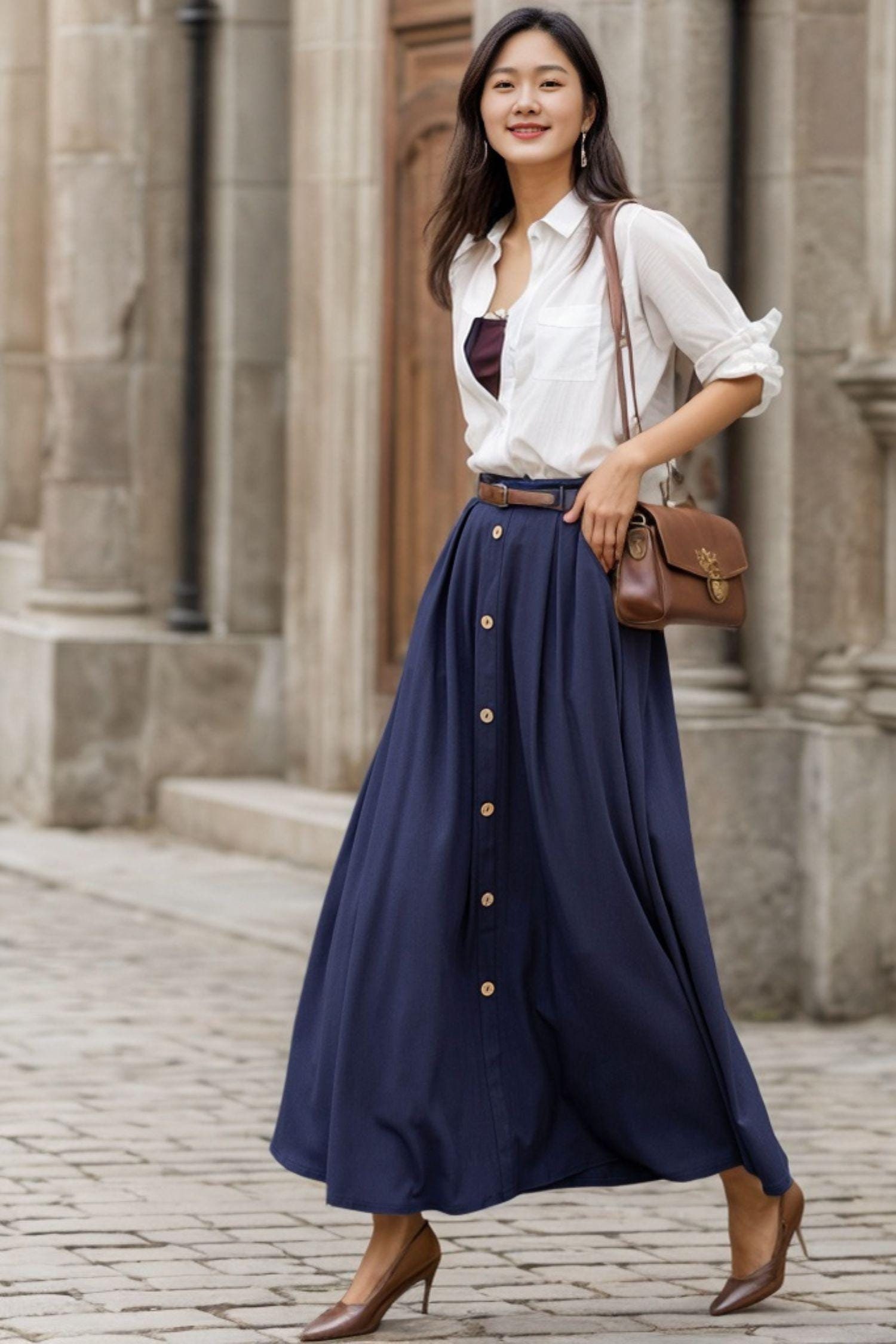【THE MOZZ】Most Whole Skirt Pleated Long Maxi Linen Skirt in Blue, High Waist Pleated