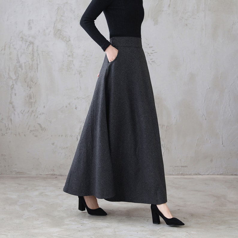 Wool skirt, Long Maxi Plaid Wool Skirt, Winter wool Skirt with Pocket, High Waist Flared Skirt, Ankle Length Full Skirt Xiaolizi 3120 dark grey