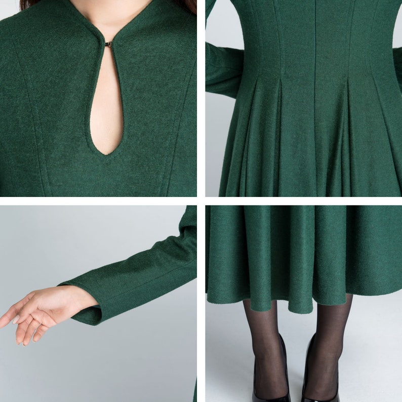 Vintage Inspired Winter Wool Dress Women, Mandarin Collar Wool Dress, A-Line Green Wool Dress, Retro Swing Long Dress, Xiaolizi 1621 image 6