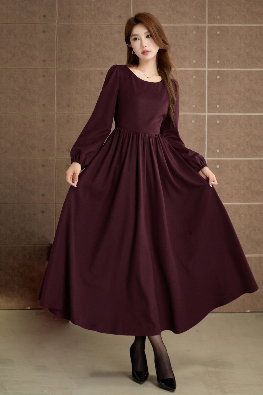 Womens Burgundy Long Wool Dress, Autumn Winter Dress, Fit and Flare ...