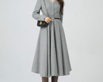 Wool Dress, Grey Wool Midi Dress, V Neck Dress, Button Wool Dress