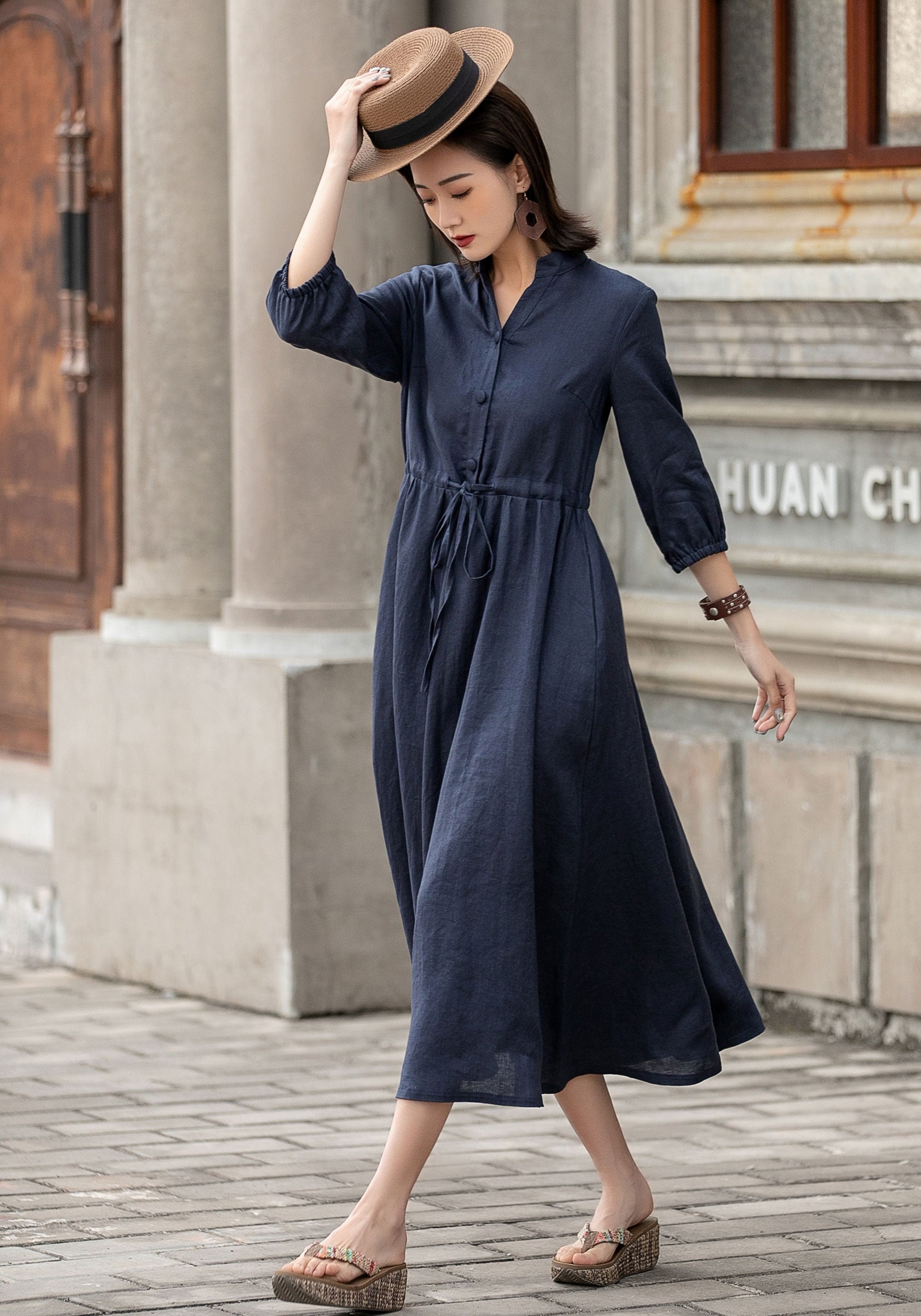Linen Summer Midi Dress | M Blue Swing Shirt 2594 Handmade by Xiaolizi