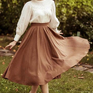 50s Green Long Wool Skirt, Wool Circle Skirt, Vintage Inspired Pleated Long Skirt, High Waist Skirt, Swing Skirt, Autumn Winter skirt 1641 4-brown