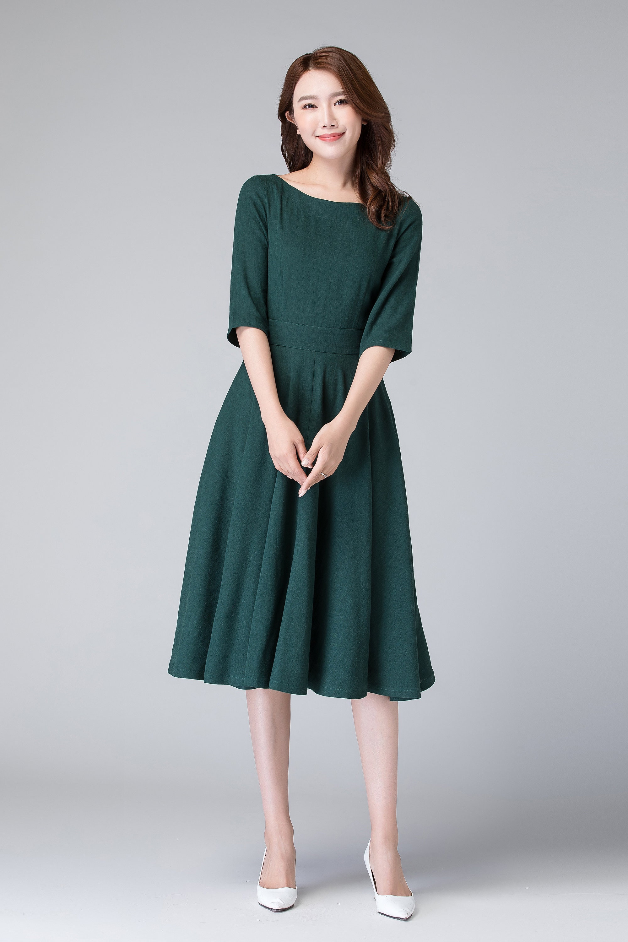 Modest Midi Dress, Half Sleeve Linen Swing Dress, Womens Dress