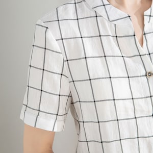 White and Black Plaid Linen Shirt, Womens Linen shirt, Short Sleeve Casual Linen Blouse, Organic Linen blouse, Handmade Shirt, Xiaolizi 4206 image 8