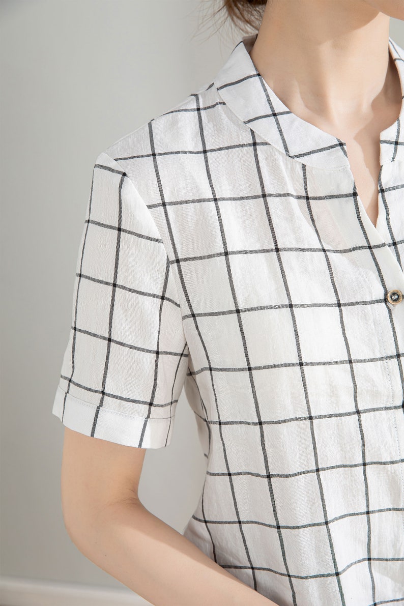 White and Black Plaid Linen Shirt, Womens Linen shirt, Short Sleeve Casual Linen Blouse, Organic Linen blouse, Handmade Shirt, Xiaolizi 4206 image 8