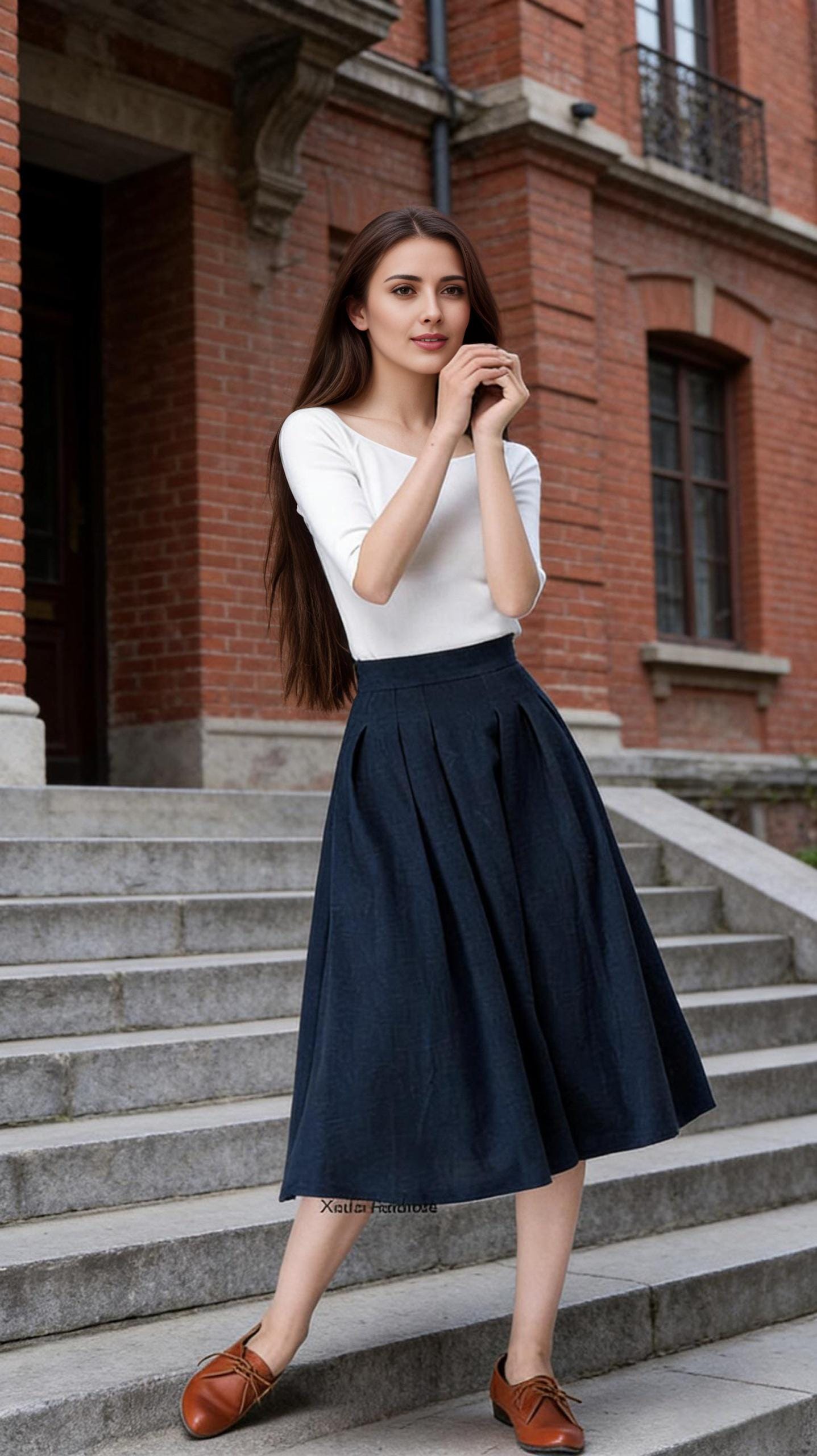 High Waist Linen Midi Skirt, Navy Blue Pleated A-line With Pockets