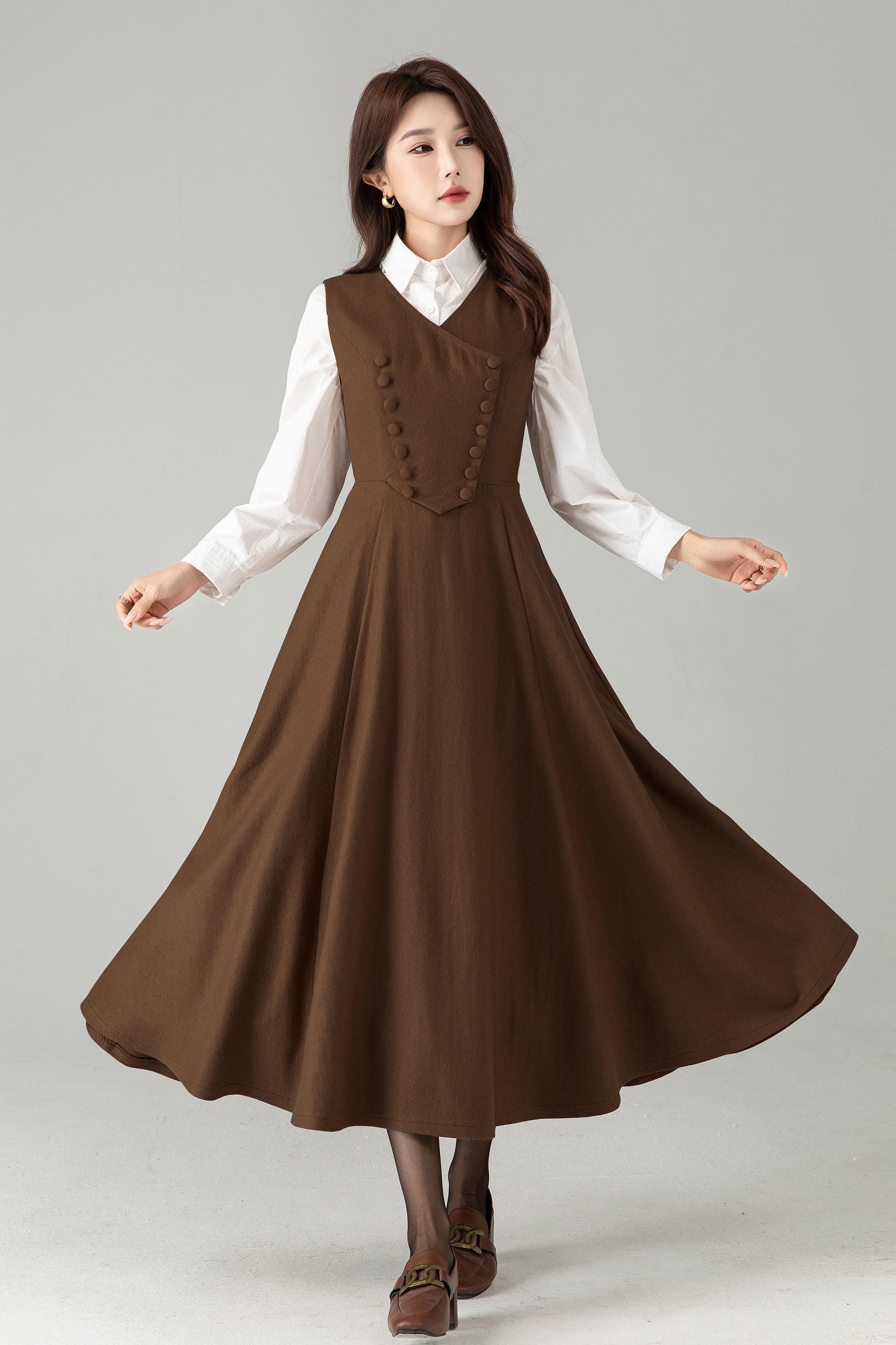 Handmade Camel Wool Pinafore Dress - Sleeveless A-line Midi