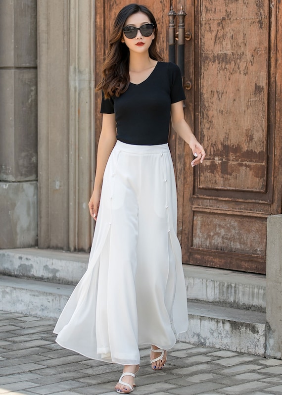 Long Chiffon Wide Leg Pants, White High Waist Split Chiffon Palazzo Pants, Plus  Size Chiffon Pants, Summer Office Ladies Chiffon Pants 3447 