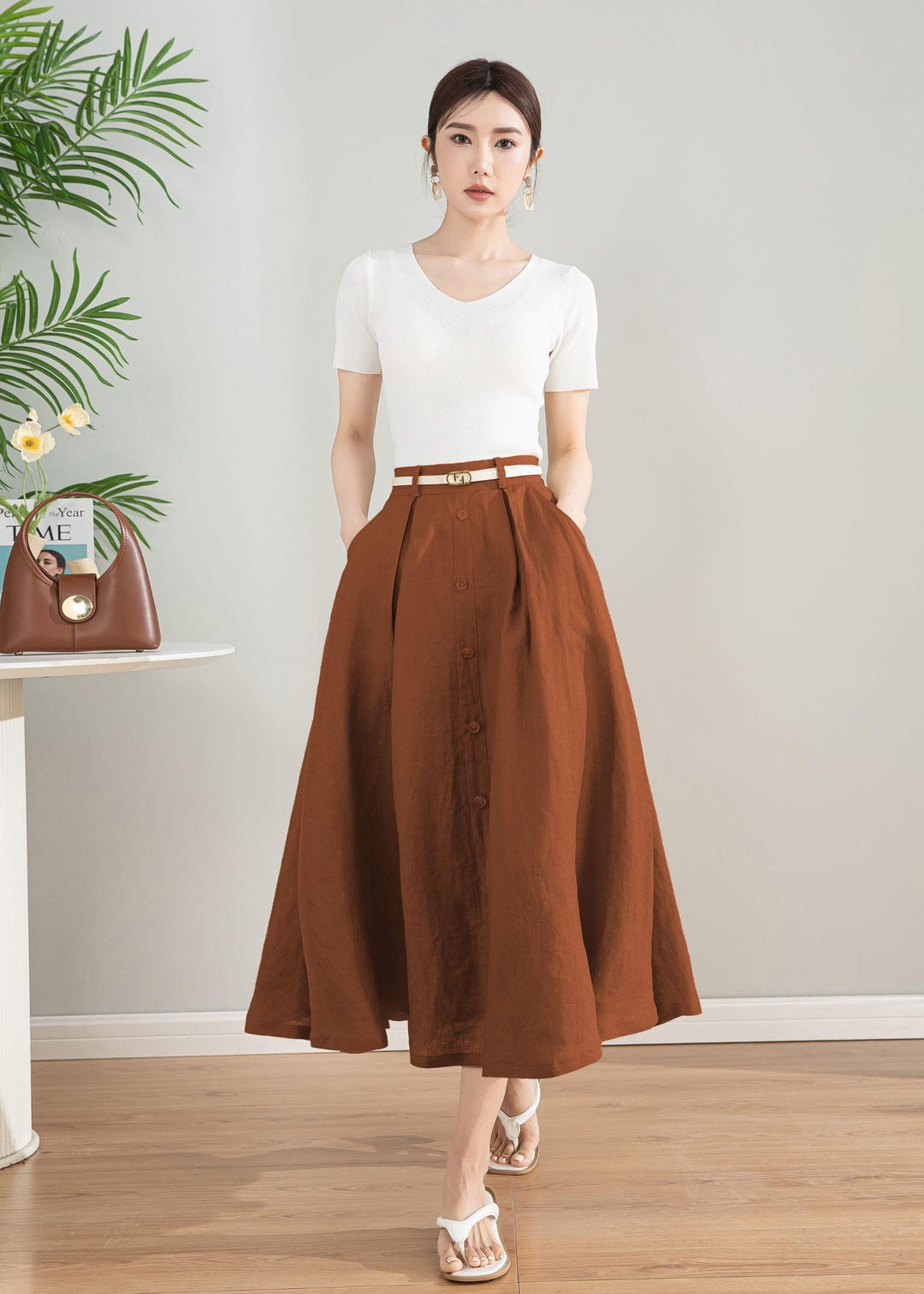 Linen Midi Skirt, Button Front A-line Swing Skirt With Pockets