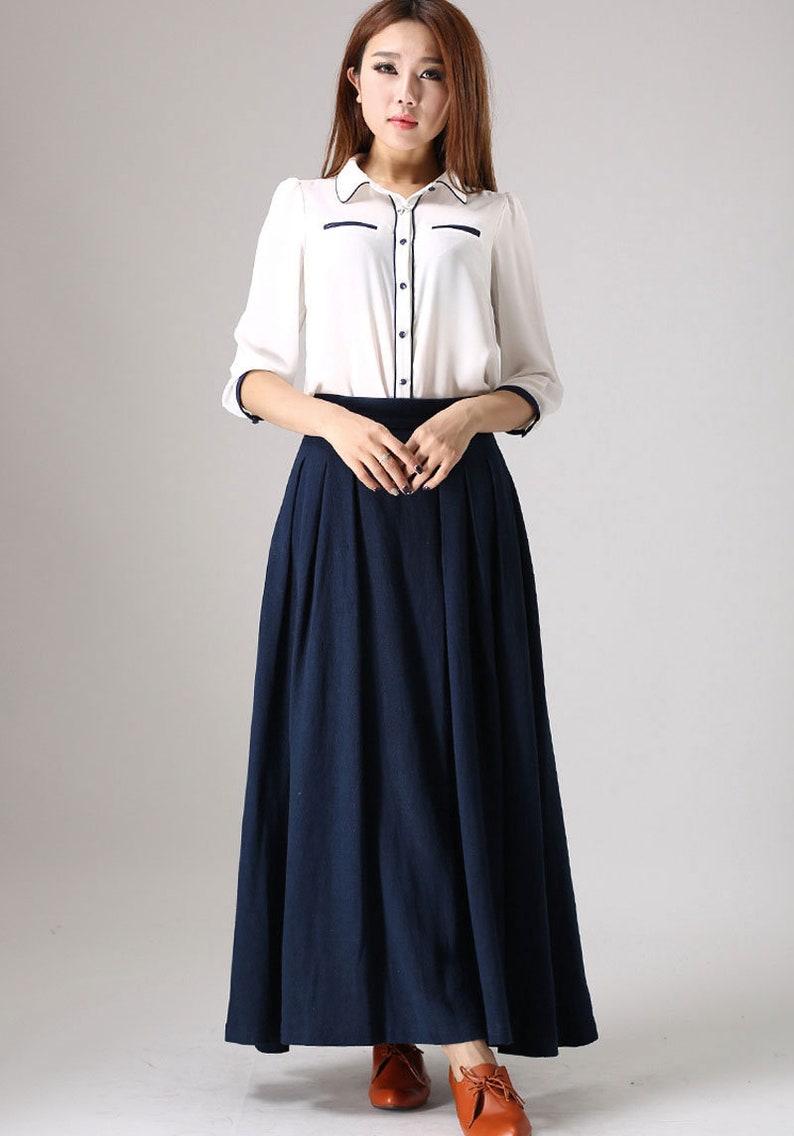 Pleated maxi skirt, Long linen skirt, Blue skirt, linen skirt, modern skirt, skirt with pockets, linen clothing, spring summer outwear 0855 image 2