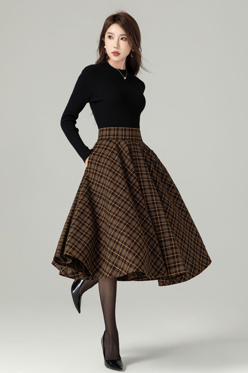 Jupe midi à carreaux en laine, Jupe trapèze en laine, Jupe cercle en laine, Jupe hiver automne femme, Jupe taille haute en laine, Jupe en laine tartan rétro 4498 plaid-1-4498