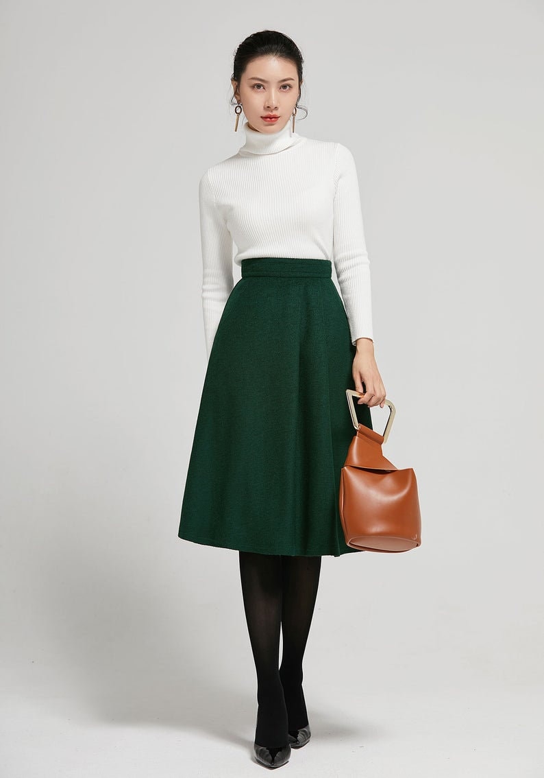 A line Midi skirt, Midi wool skirt, wool skirt, woman skirt, black winter skirt, fitted skirt, handmade skirt, warm winter skirt 1636 Green-2303