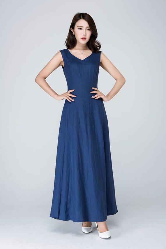 ワンピース MALO DARK BLUE LINEN MAXI DRESS Sleeveless Blue Maxi Dress, Linen Dress for Women, Slim