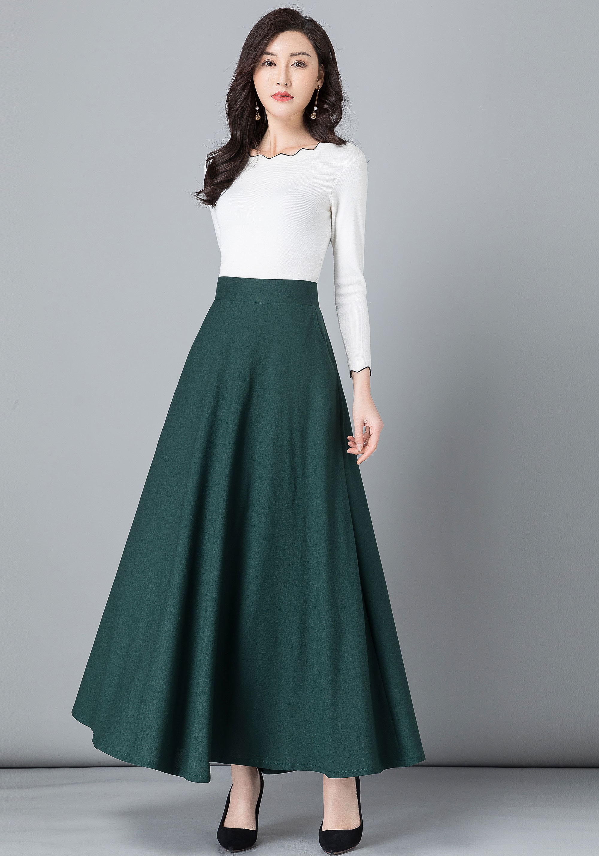 Green Linen skirt Maxi cotton Linen skirt Elastic waist | Etsy