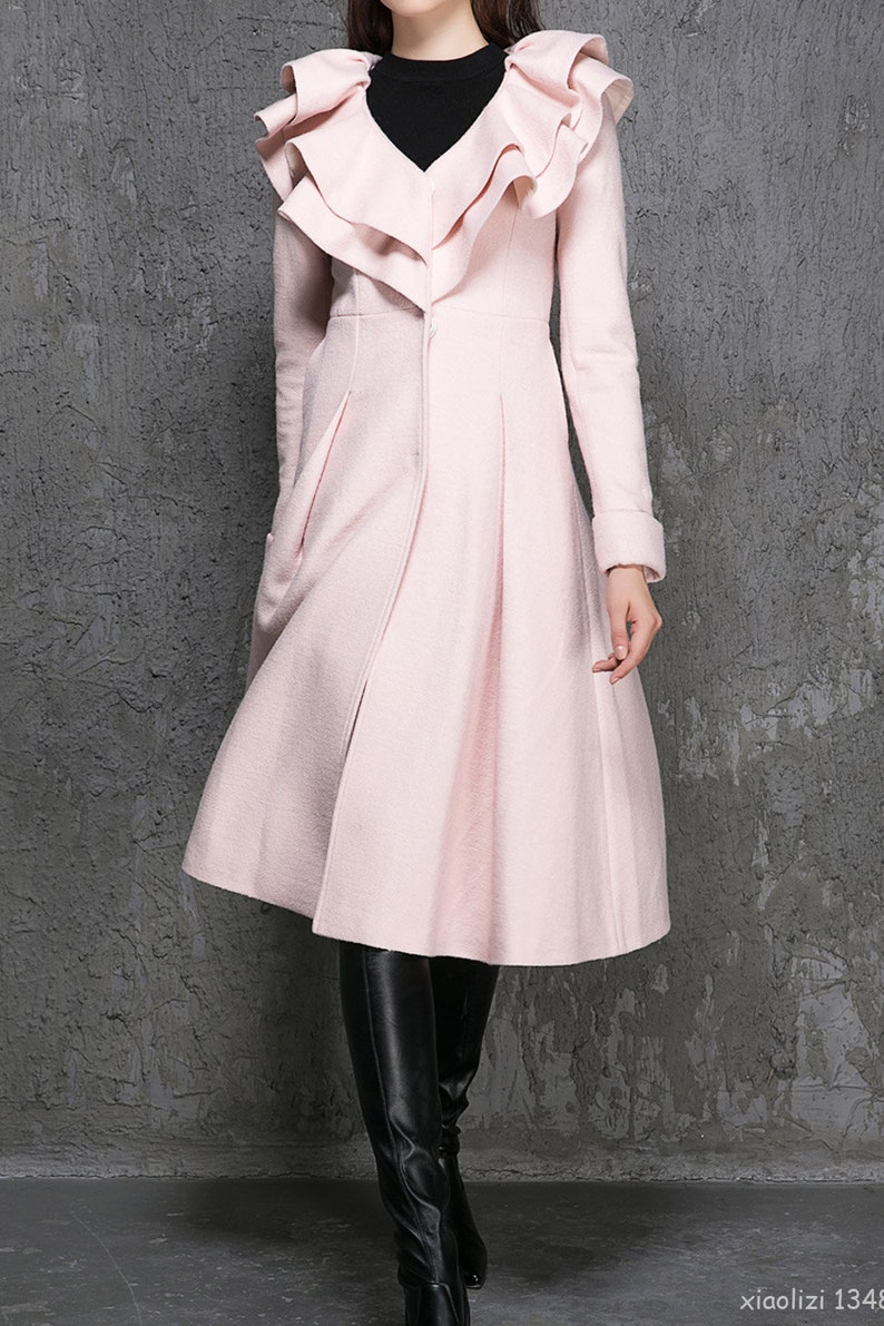 Pink coat wool coat ruffle collar winter coat long wool Etsy