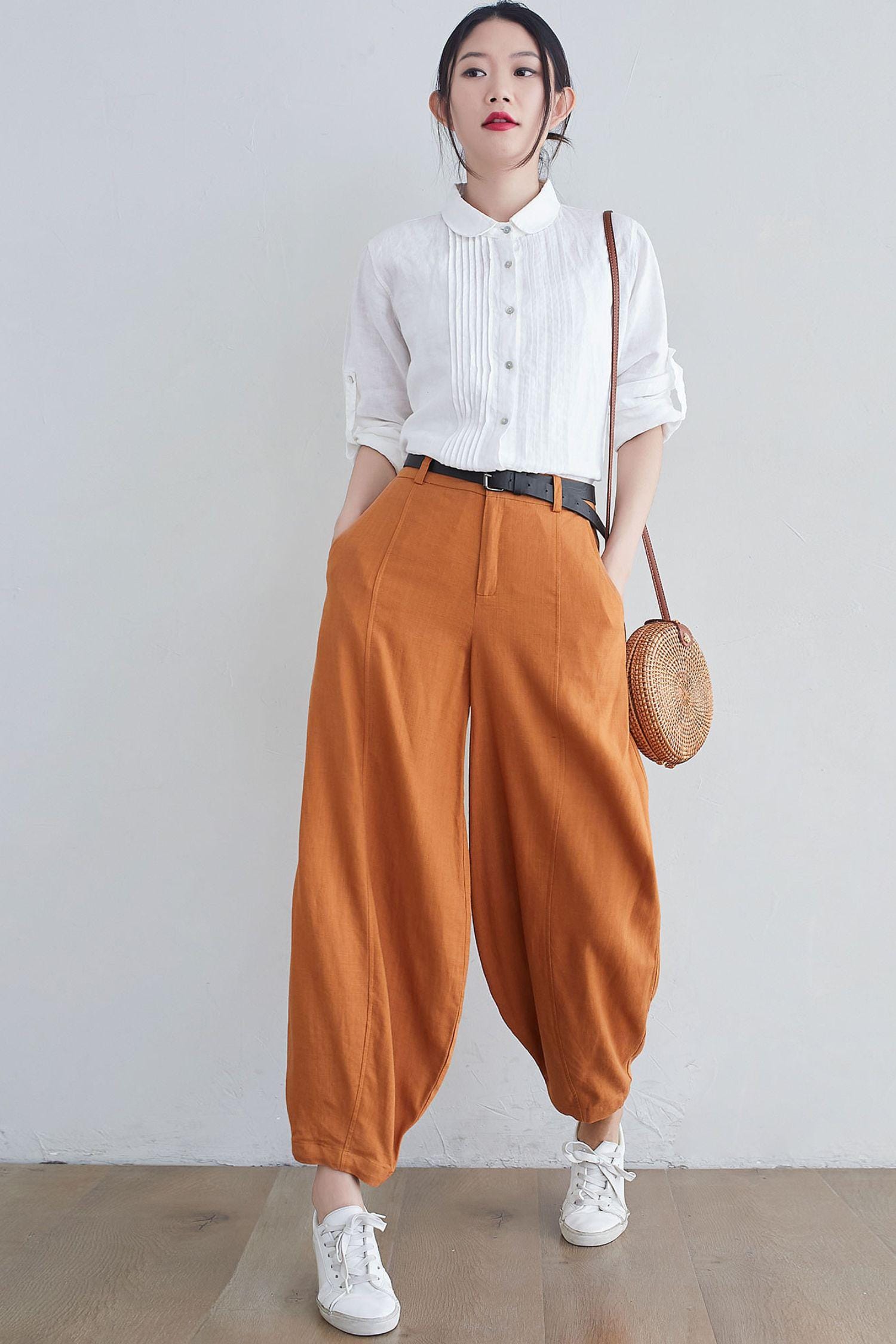 Burnt Orange Linen Pants: Women's Baggy Summer Trousers, Custom