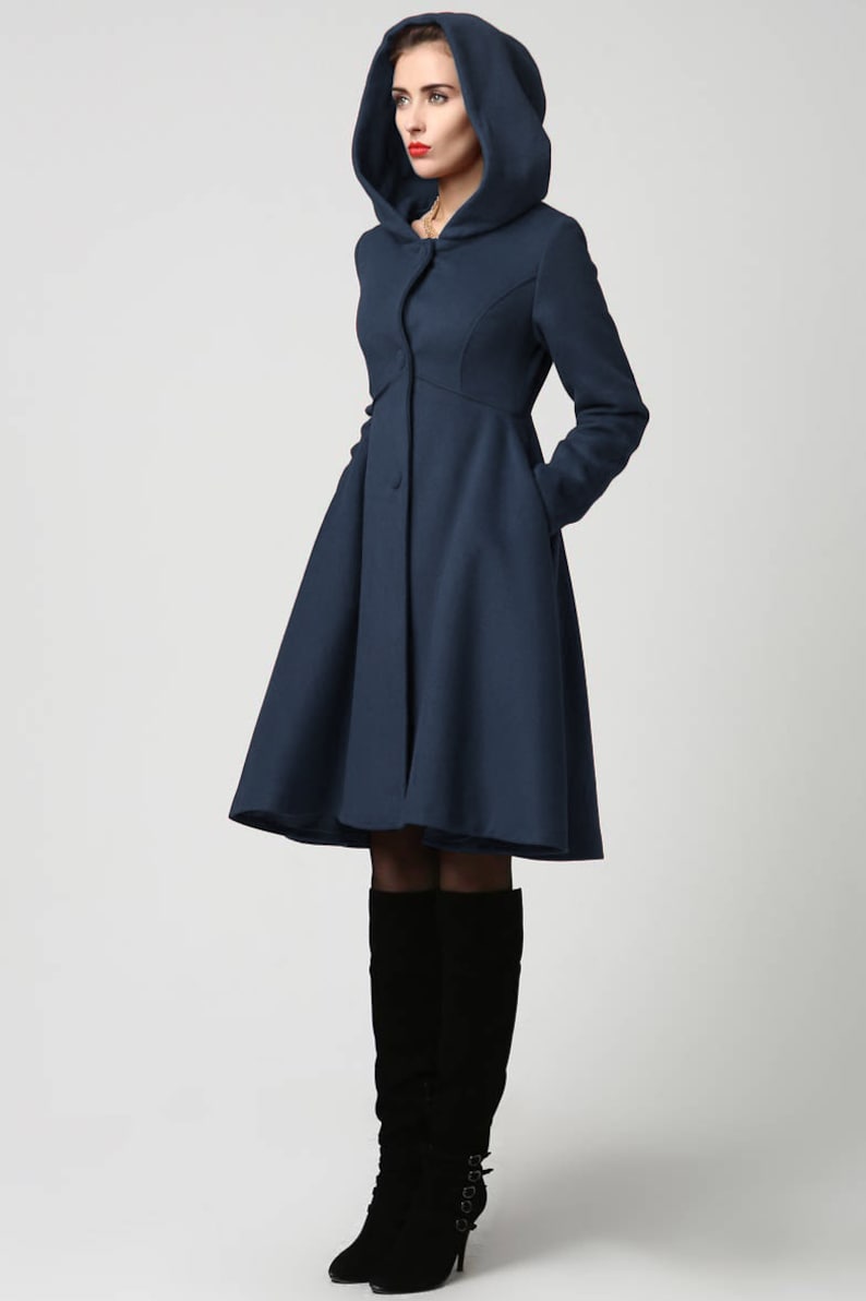 Wool Princess coat, Wool coat women, winter coat women, Hooded coat, Vintage inspired Swing coat, Hooded wool coat, Custom made coat 2647 3-Navy blue