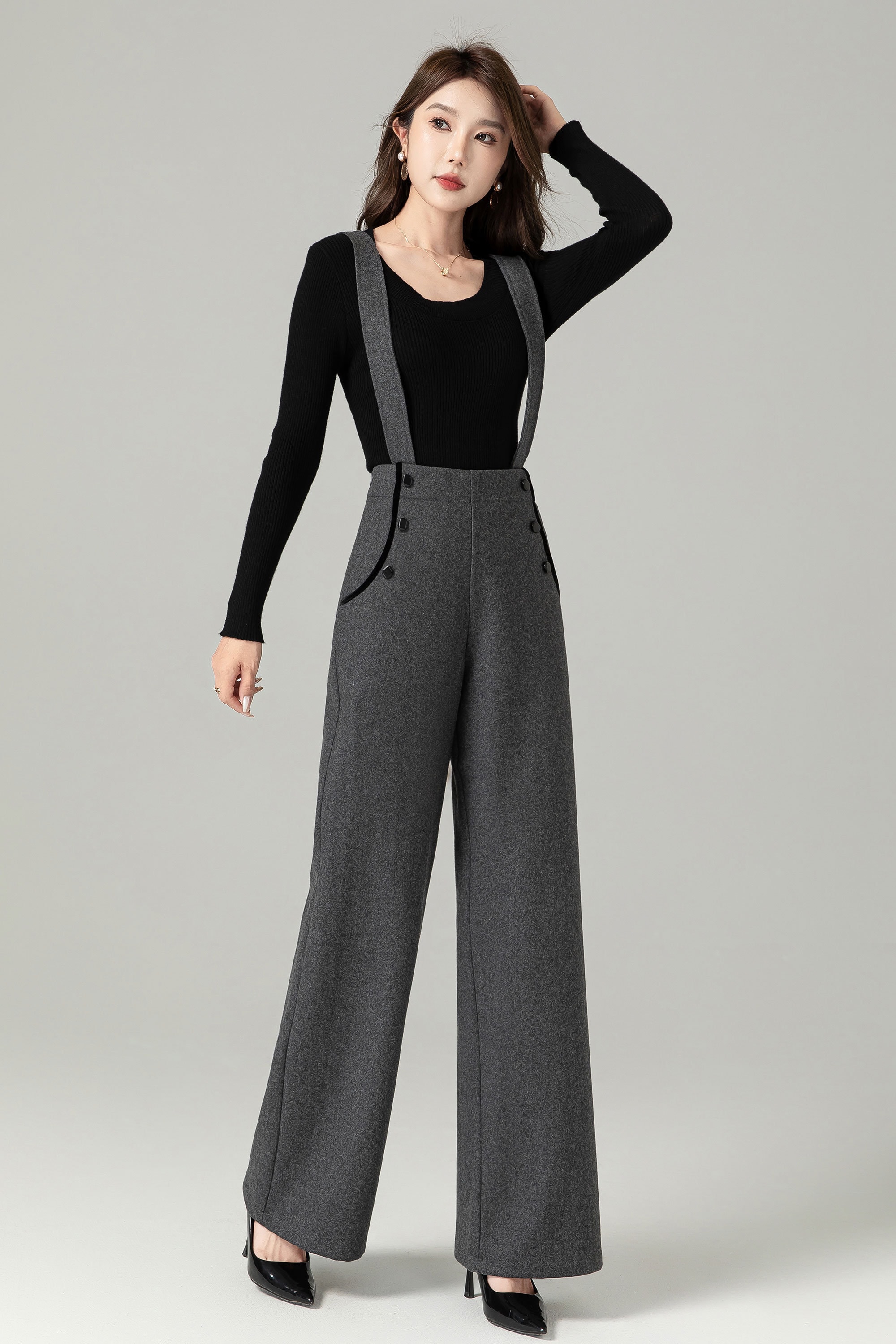Gray Suspender Wool Pants Women, Autumn Winter Straight-leg