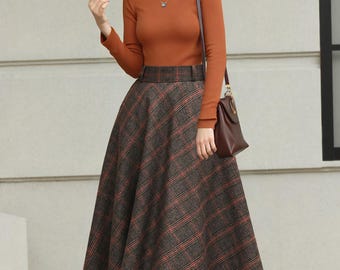 Brown Plaid Wool Maxi Skirt: Classic A-line Plus Size Skirt