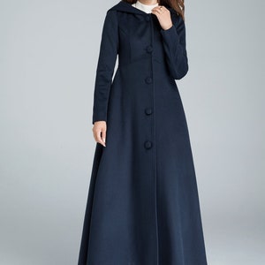 Long Wool Coat, Women's Winter Coat, Hooded Coat, Maxi Coat, Navy Blue ...