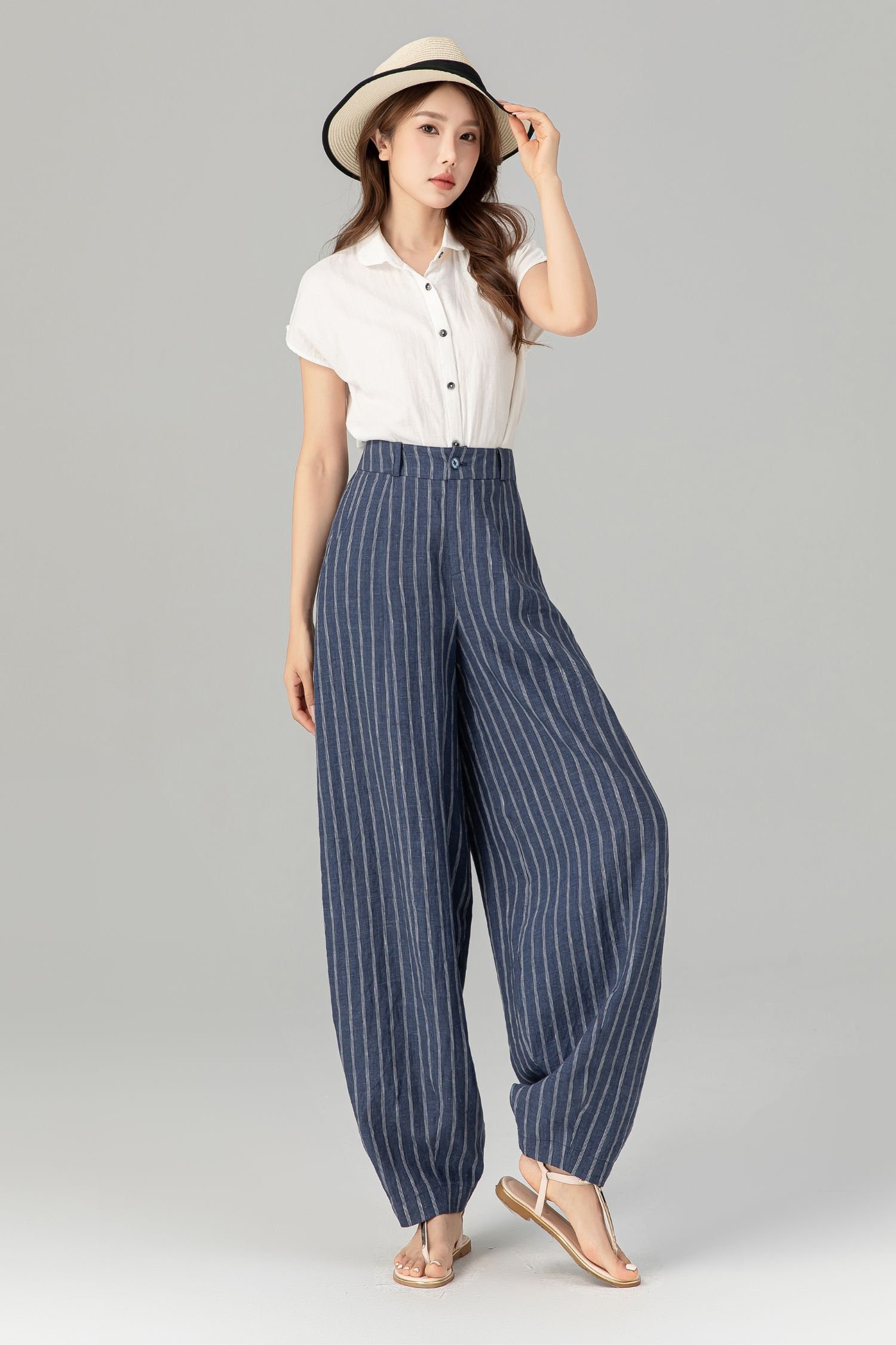 Striped Linen Wide Leg Pants, Womens Baggy Summer Trousers