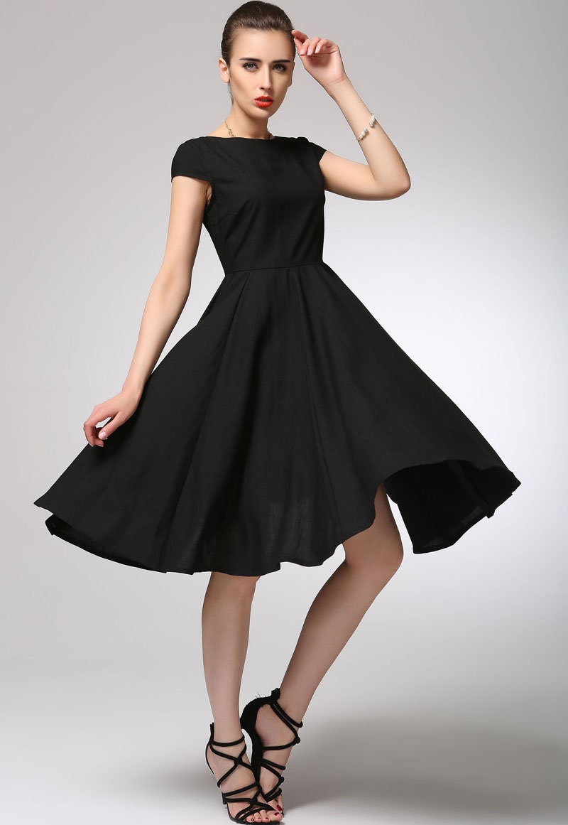 Little Black dress, Knee Length Swing dress, Cap sleeve Modest party dress from women, Summer Linen Midi dress, fit and flared dress 1263#