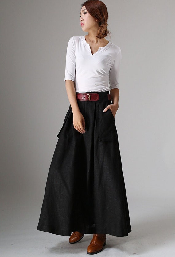 Long Black A Line Skirt Pockets Skirts Linen Skirt Womens Etsy