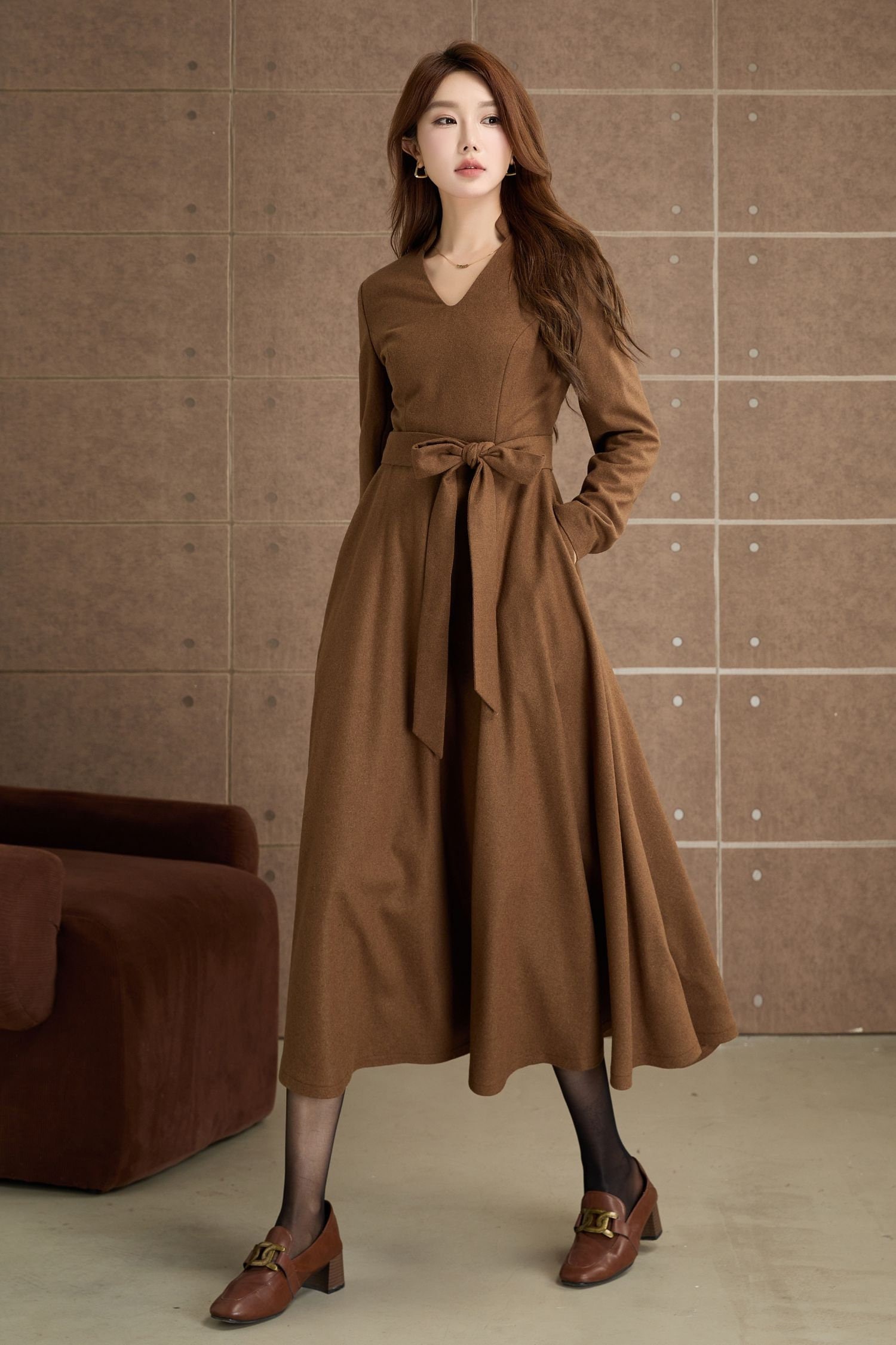 Wool Autumn Midi Flare dresses | XS brown | Xiaolizi Wool Autumn Midi Flare dresses | XS brown | Xiaolizi