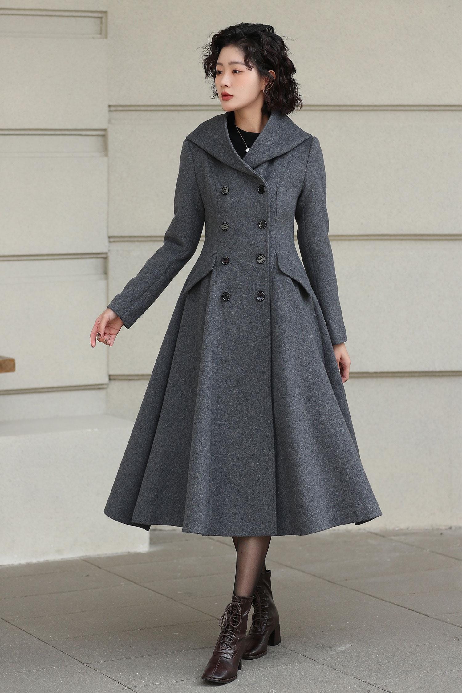 Hooded Wool Swing Coat, Double-breasted Midi Coat, Custom