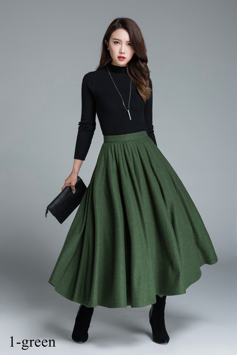50s Green Long Wool Skirt, Wool Circle Skirt, Vintage Inspired Pleated Long Skirt, High Waist Skirt, Swing Skirt, Autumn Winter skirt 1641 1-green