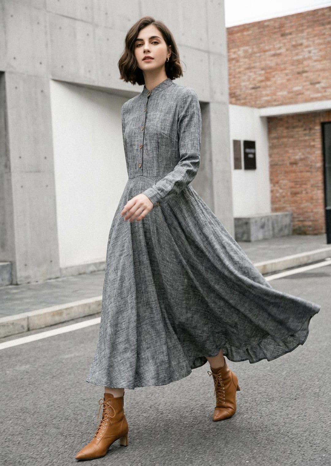 Linen Shirt Dress, Gray Linen Maxi Dress, Long Sleeve Linen Dress
