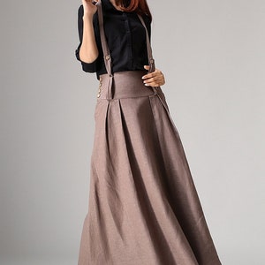 Linen Suspender Skirt Women, High Waisted Maxi Skirt with Pockets, Red Skirt, Custom Made Skirt, Casual Linen Skirt, Summer Fall Skirt 1035 3-brown-1033