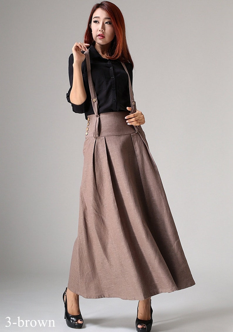 Linen Suspender Skirt Women, High Waisted Maxi Skirt with Pockets, Red Skirt, Custom Made Skirt, Casual Linen Skirt, Summer Fall Skirt 1035 3-brown-1033